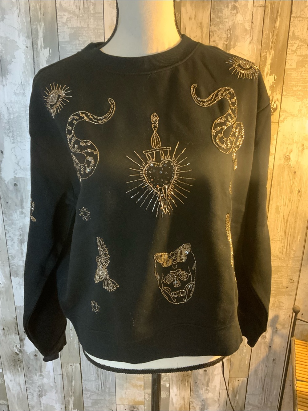 AllSaints Black Sweatshirt with Gold Embellished Motifs